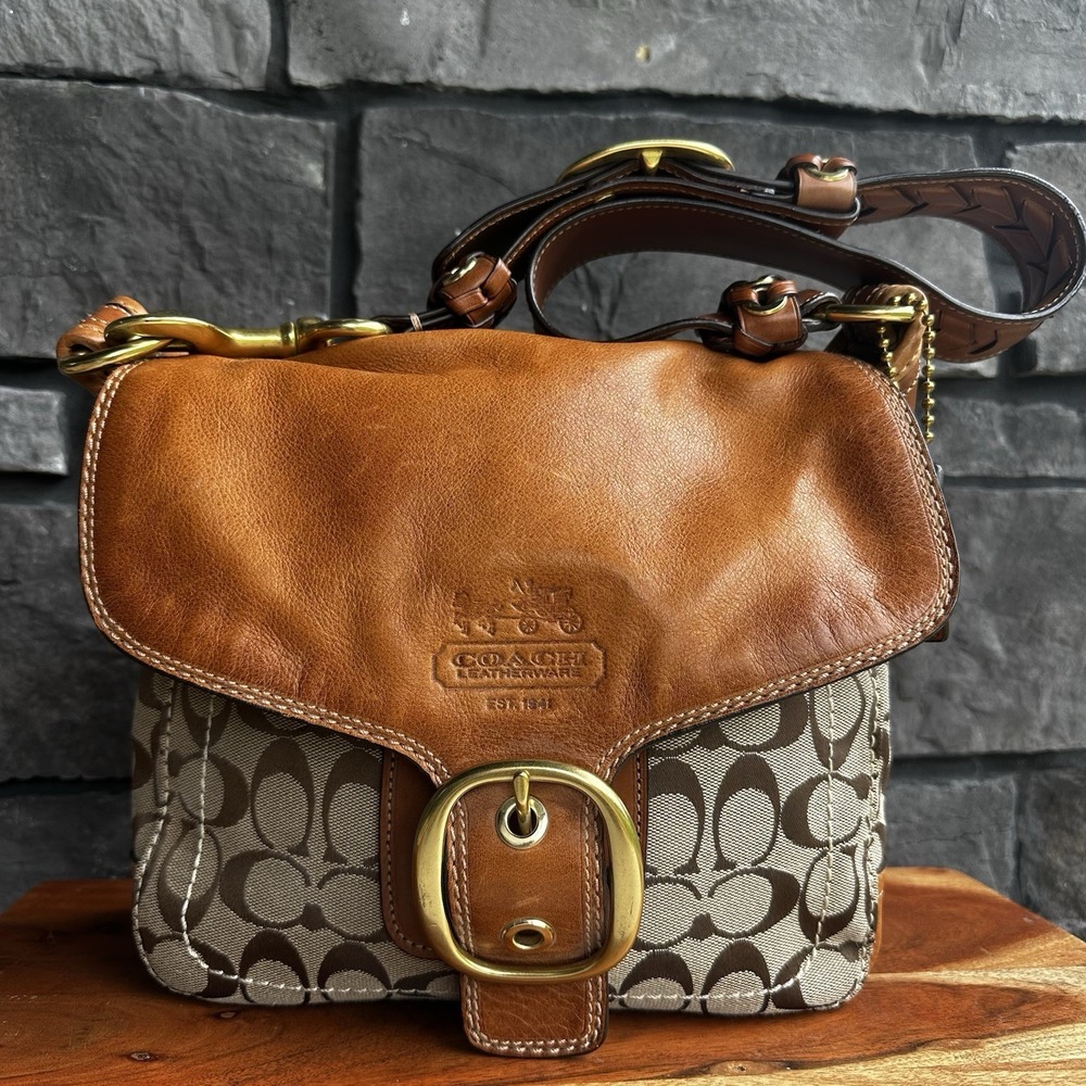 2007 Coach Bleecker 11434 Signature Flap Shoulder Bag Purse Tan Canvas Y2K